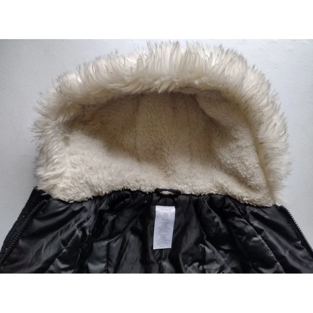 Carters‎ Toddler Girls Black Speckled Duffle Coat Faux Fur Hood Size 2T